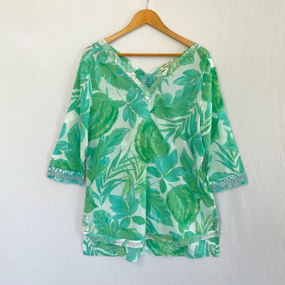 CHRISTIAN SIRIANO Women’s Medium Green Tropical Print Metallic Embroidery Tunic